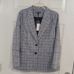 DG2 Diane Gilman Black White Burgundy Plaid Blazer